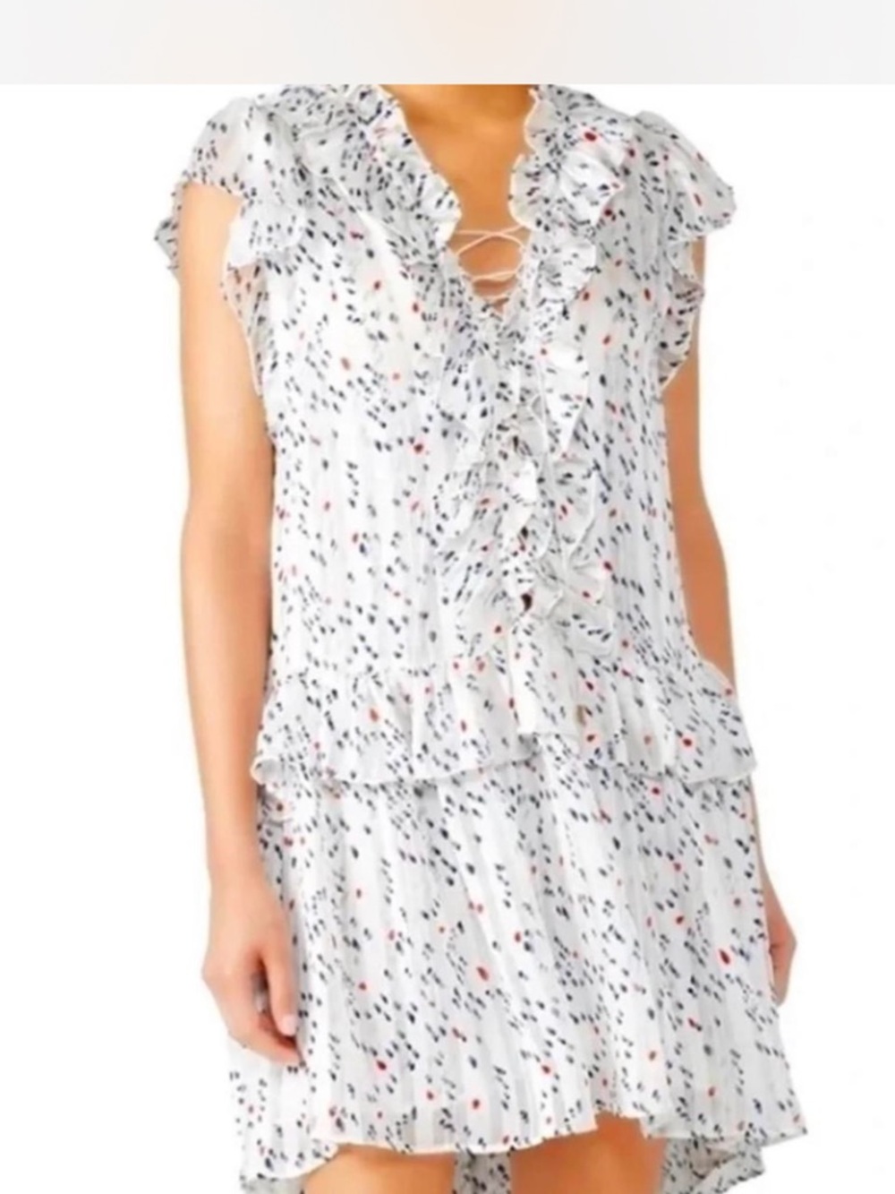 Sabina Musayev White Ruffle Dress with Navy and Red Confetti